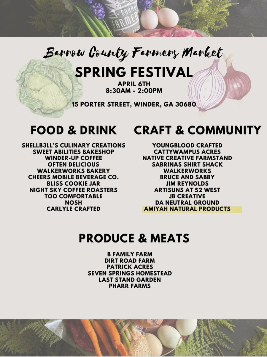 We finally got approved for a Farmers Market. Come see us next Saturday, April 6th, 8:30 am - 2 pm.
.
#Barrowcounty #barrowcountyfarmersmarket
#farmersmarket #gavendors #Amiyahnaturalproducts #amiyahnp #skincareproducts #diyskincare #handmadeskincare #whippedsheabutter