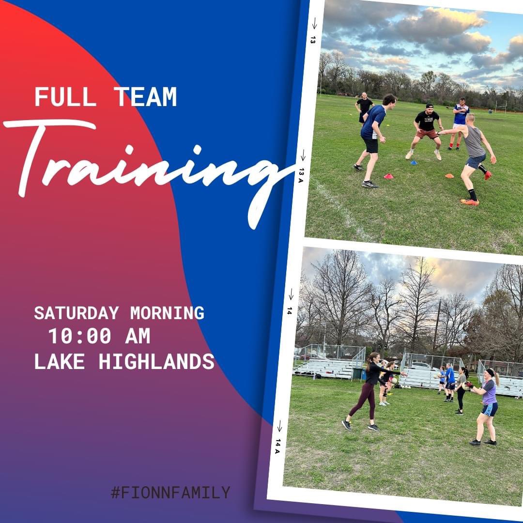 Full Team Training is this Saturday March 30th!

Men and women of all skill levels and ages are welcome to join. #FionnFamily

When: March 30 at 10:00 AM
Where: Lake Highlands Park, East Dallas