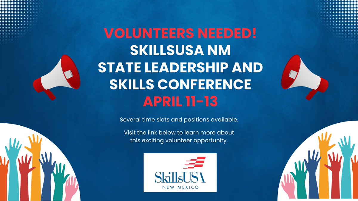 🌟 Be part of something extraordinary and join us as a volunteer for the 2024 @SkillsUSANM State Leadership and Skills Conference on April 11-13🛠️ Visit the link below to view the time slots and positions available: bit.ly/3xm8vi8 #CNM #communitycollege #trades