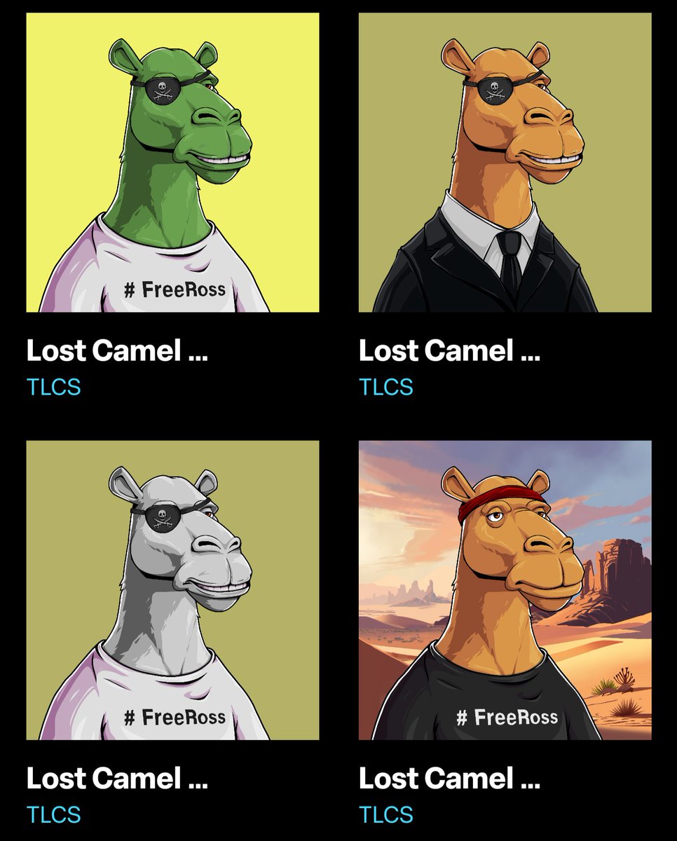 Aren't these some pretty Camels?

73/2000 minted so far.

launchmynft.io/sol/3057

First day we sent 2.5 $SOL to @Free_Ross!

Get yours now, 100% of the sales are going to the #FreeRoss movement.

#TLCS #SILKROAD