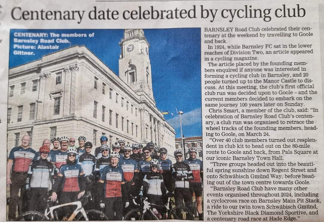 Barnsley Road Club (@barnsleyrdclub) on Twitter photo Thanks to <a href="/ChronOnline/">Barnsley Chronicle</a> for sharing our clubs centenary ride-retracing our first members ride to Goole. Cycling is for everyone! Balance Bike to Race Bike #bikelife #Cycle #bikeisbest <a href="/BritishCycling/">British Cycling</a> <a href="/VeloUK/">British Cycle Sport</a> <a href="/Ed_Clancy/">Ed Clancy OBE</a> Thanks to <a href="/ChronOnline/">Barnsley Chronicle</a> for sharing our clubs centenary ride-retracing our first members ride to Goole. Cycling is for everyone! Balance Bike to Race Bike #bikelife #Cycle #bikeisbest <a href="/BritishCycling/">British Cycling</a> <a href="/VeloUK/">British Cycle Sport</a> <a href="/Ed_Clancy/">Ed Clancy OBE</a>