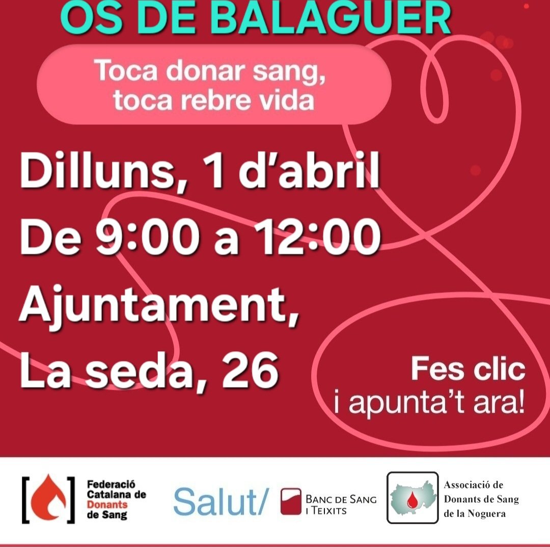 #OsdeBalaguer
#donaciodesang 
Dilluns, 1 d’abril de 2024
De 9:00 a 12:00
Ajuntament, La seda, 26
