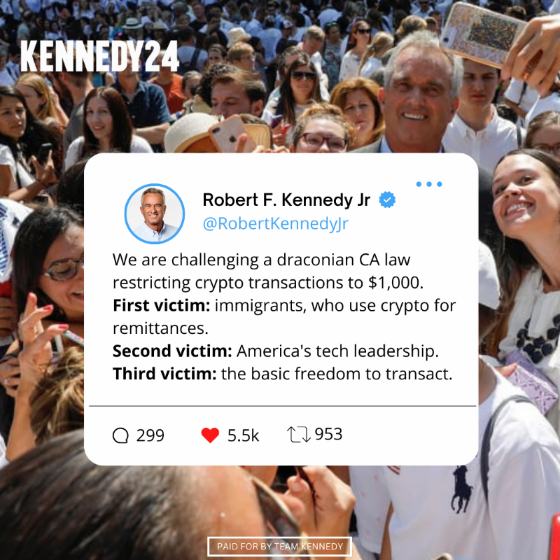 RobertKennedyJr's tweet photo. If you agree that crypto equals freedom, help me advance that vision as President.