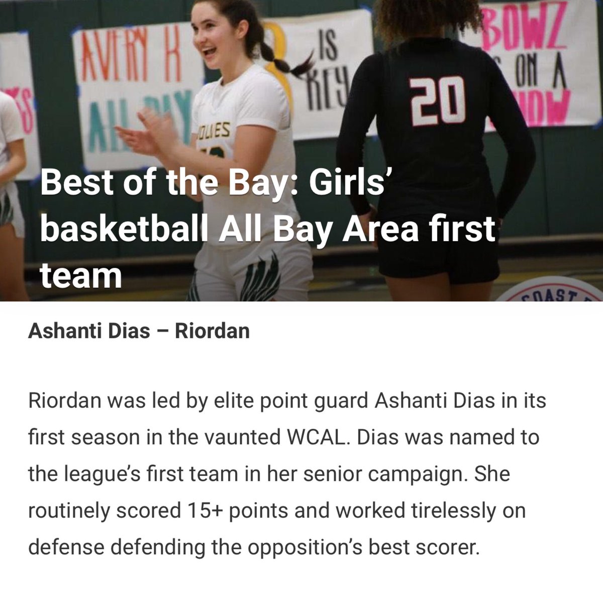 Congratulations to Riordan senior Ashanti Dias ‘24 for being named to @westcoastpreps_ Girls’ Basketball First Team All-Bay Area! #RGB #RTime @Ashantidias4 @RiordanSports