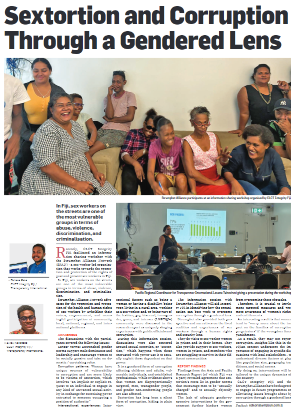 Read <a href="/sun_fiji/">Fiji Sun</a> 30/3.Infor session with #StrumphetAlliance will help us identify how to overcome corruption through a gendered lens-SA provided perspectives&amp;narratives on lived realities&amp;experiences of sex workers through Gender,HR&amp;security lens.<a href="/ieatdinobites/">bale</a> @SNaketeca <a href="/LoTVula/">Lo Tuiraviravi</a>