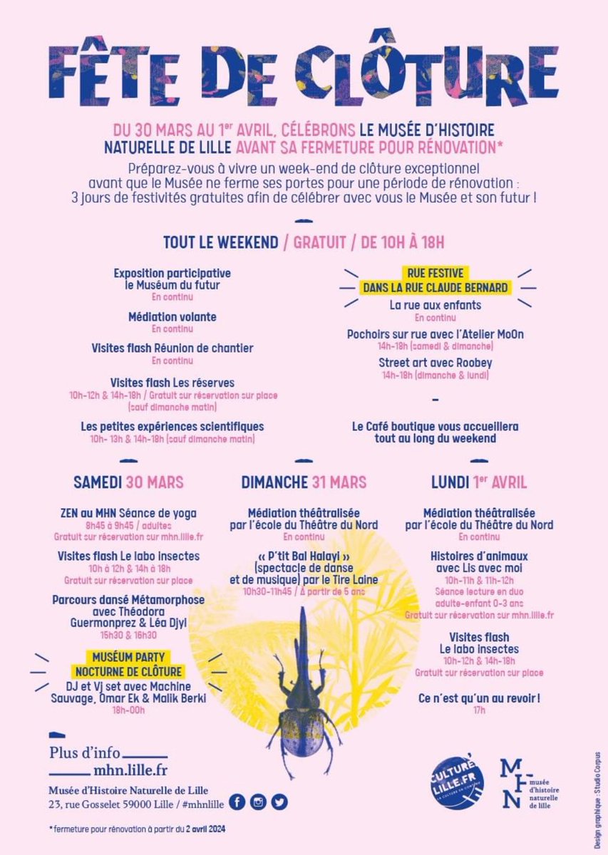 [ 🐛 >>> 🦋 ]
Demain s’ouvre à <a href="/lillefrance/">Ville de Lille</a> un long et joyeux week-end de clôture au <a href="/MHNLille/">Muséum de Lille</a> pour métamorphose imminente… et 2 ans de travaux 🚧 
- d’agrandissement, 
- d’enrichissement,
- d’embellissement.
🎉 mhn.lille.fr