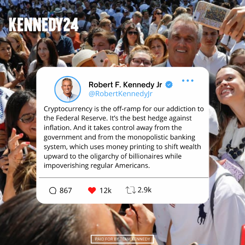 RobertKennedyJr's tweet photo. If you agree that crypto equals freedom, help me advance that vision as President.