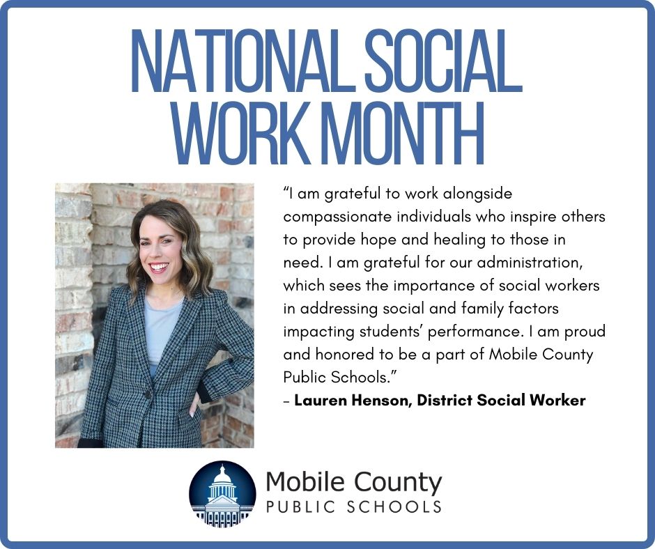 We are spotlighting several of MCPSS's social workers as part of National Social Work Month. 'I am grateful for the MGM feeder pattern schools I serve,' says Lauren Henson, a District Social Worker. 'They are an outstanding example of dedication, passion, and engagement.'