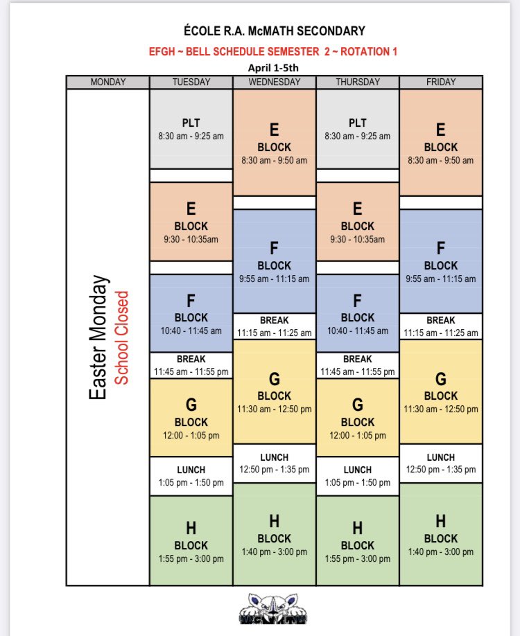 We hope everyone has had a restful Spring Break. Enjoy the long weekend and we will see everyone on Tuesday,  April 2nd (PLT-EFGH)!
#WAAG
#BellSchedule
#SpringBreak
#EasterLongWeekend
#RestRelaxRecharge
#wildcats
#McMathPRIDE