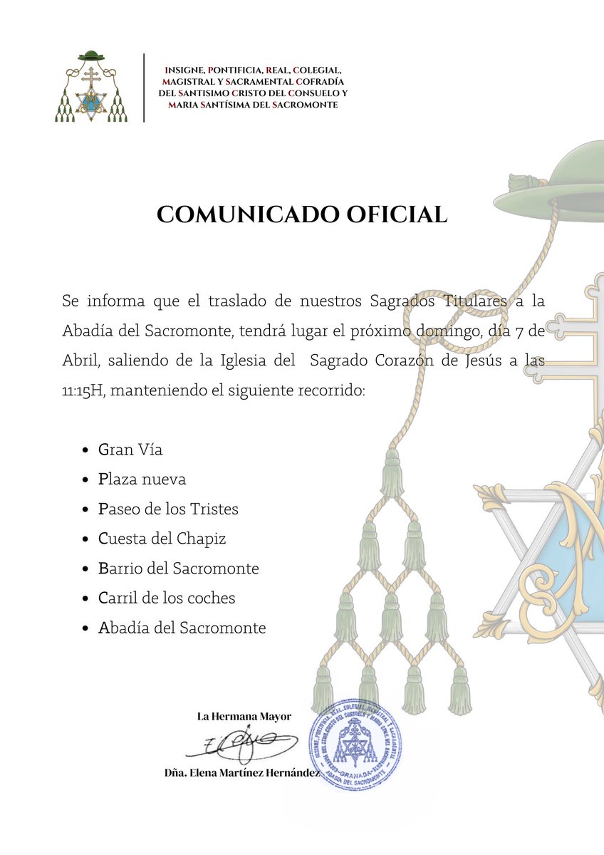 #Oficial | El traslado de nuestros Sagrados Titulares a la Abadía del Sacromonte tendrá lugar el próximo domingo, día 7 de abril, saliendo del templo del Sagrado Corazón de Jesús a las 11:15H. 

#consueloysacromonte  #abadiadelsacromonte #miércolesdegitanos #miercolessanto