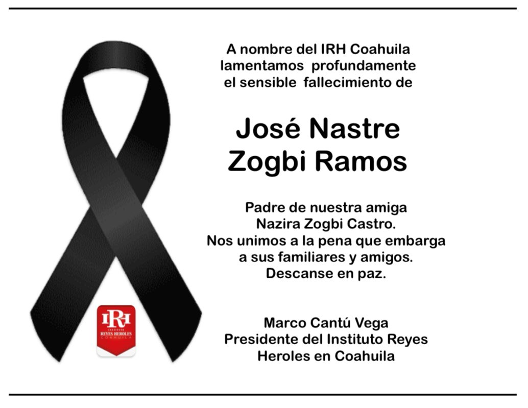 Lamentamos profundamente el sensible fallecimiento de José Nastre Zogbi Ramos, padre de nuestra amiga Nazira Zogbi Castro. Descanse en paz 🕊️
