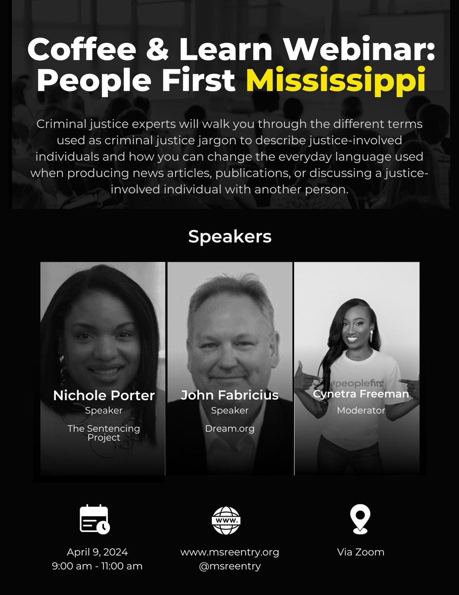 This webinar will discuss the criminal justice jargon used to describe us as justice-involved individuals. Who should attend? 🎥 Reporters 👩🏾‍🤝‍👨🏽Non-justice impacted ✍🏾Communications leaders 🧑‍⚖️Policy makers Register at msreentry.org. #msreentry #peoplefirst