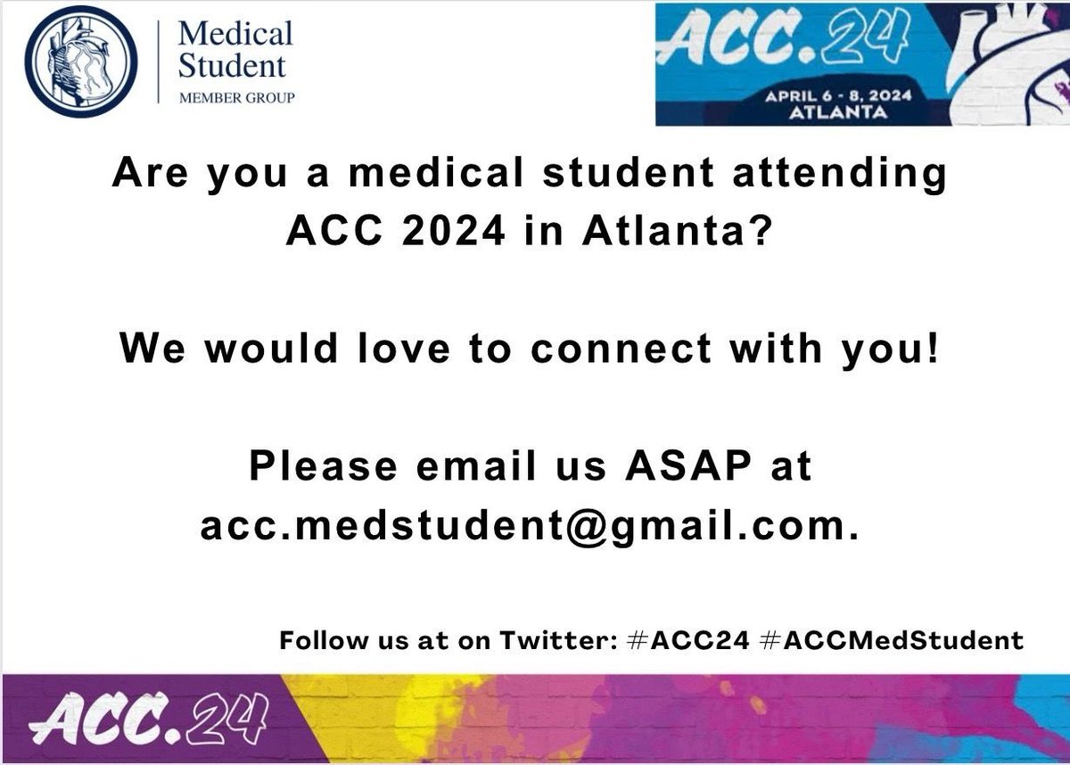 Attending #ACC24 and want to connect with other #ACCMedStudent? Send us an email!