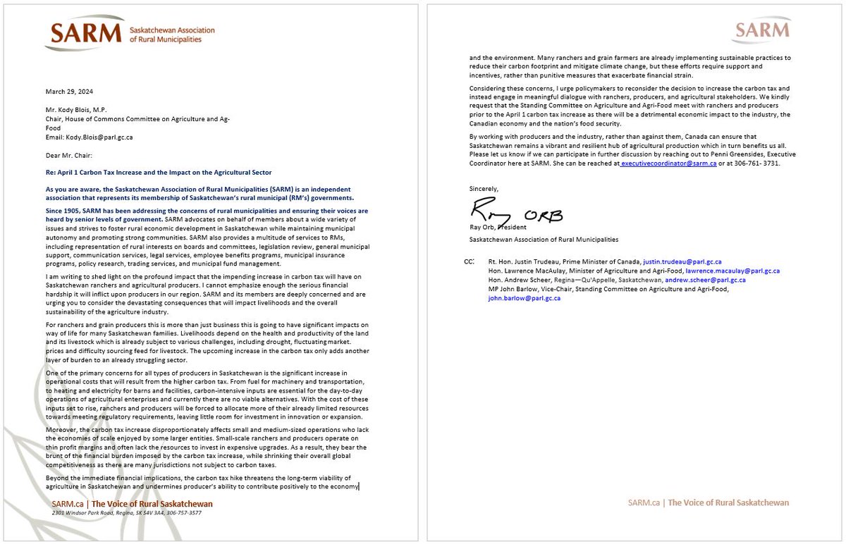 SARM urges policymakers to reconsider the decision to increase the carbon tax and instead engage in meaningful dialogue with ranchers, producers, and agricultural stakeholders, as there will be a detrimental economic impact to the industry.