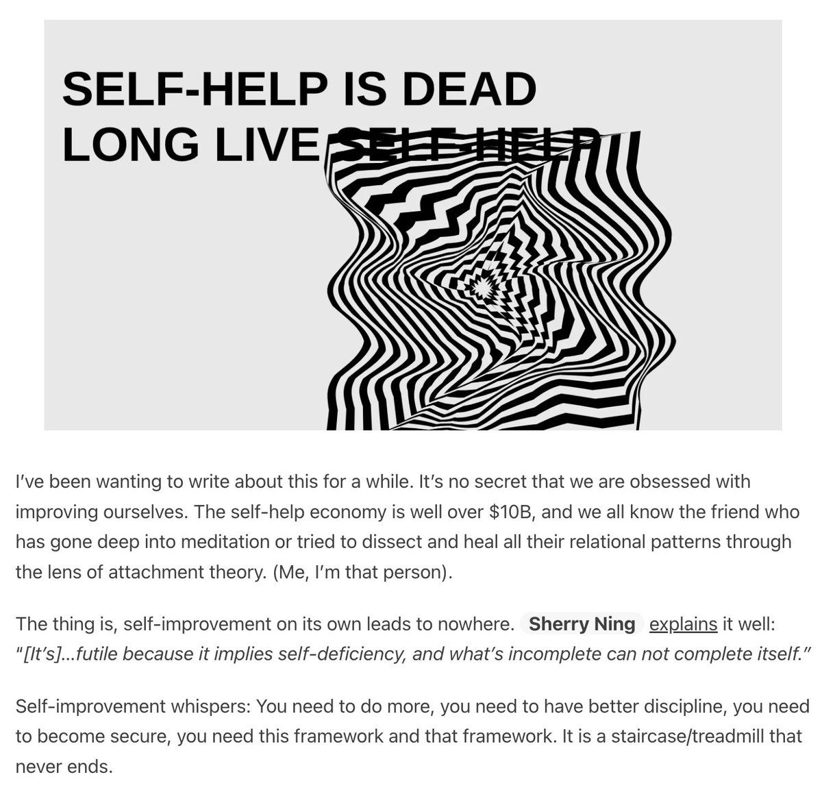 self-help is dead // long live self-help

we are on the cusp of a new self-help paradigm, one that is rooted in self-improvement to one that is rooted in self-unfoldment

self-improvement says: You need to do more, you need to have better discipline, you need to become secure,