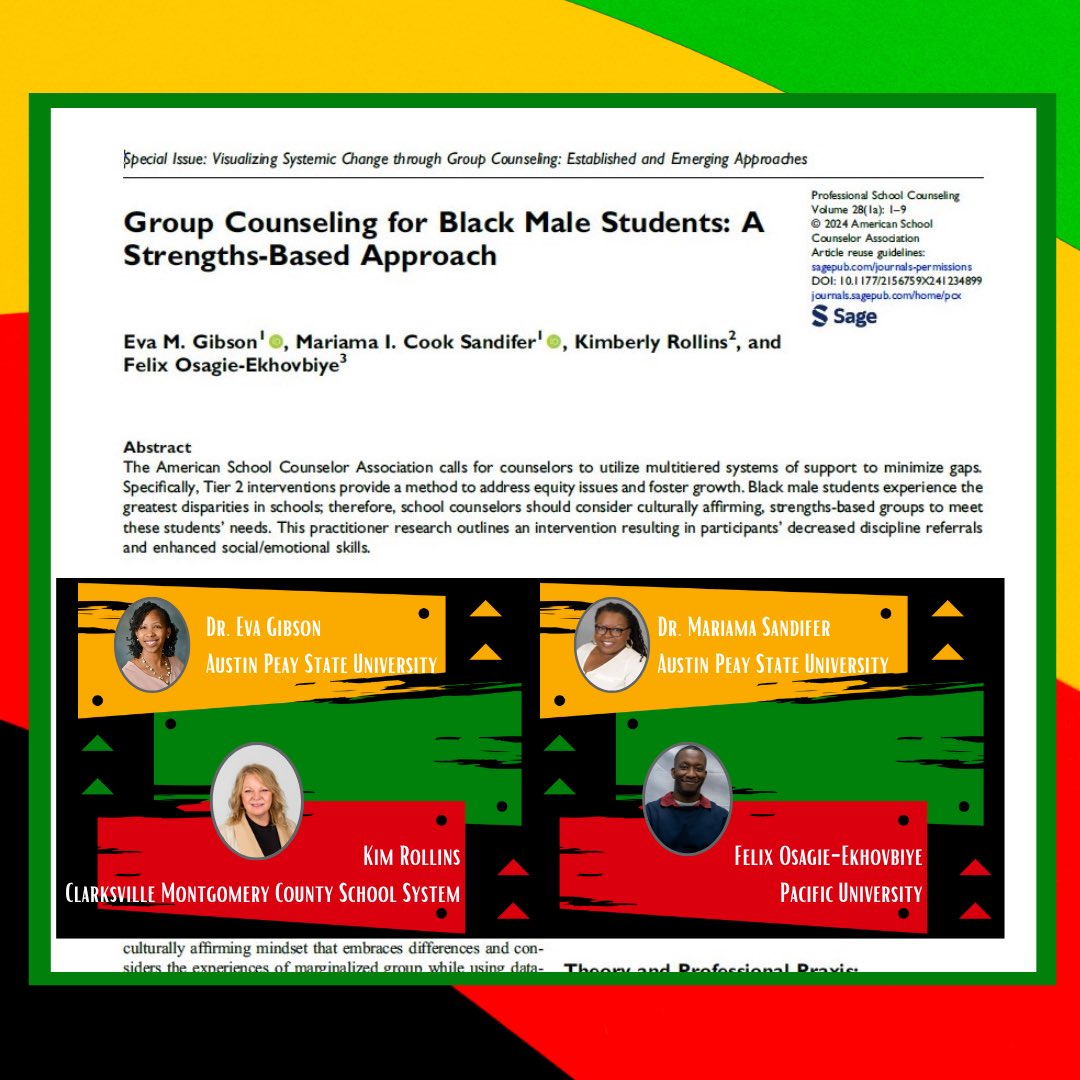 New #schoolcounseling publication with some amazing scholars! Special shoutout to the group facilitators and mentors: Tina Duncan, Trey Chrystak, Quincy Foster, Christopher Tuten, Felix Osagie, & Charles Preston #scchat @DrMICS doi.org/10.1177/215675…