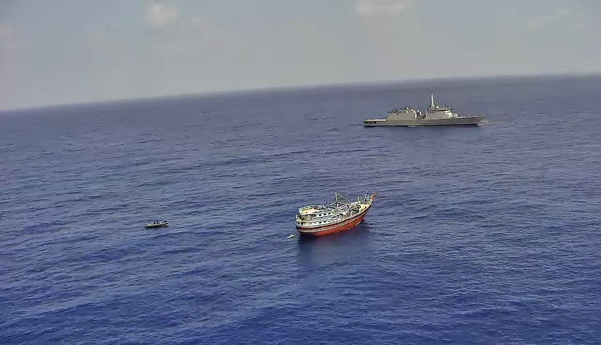 #INSSumedha intercepted FV Al-Kambar during early hours of #29Mar 24 & was joined subsequently by the guided missile frigate #INSTrishul. After more than 12 hrs of intense coercive tactical measures as per the SOPs, the pirates on board the hijacked FV were forced to surrender.