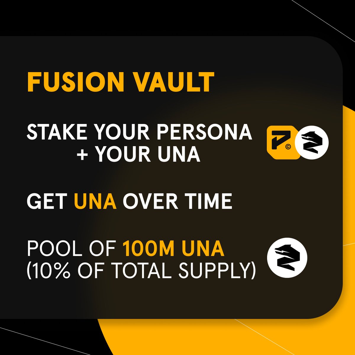 More information on the upcoming $UNA benefits for Persona holders Two types of staking mechanisms with different objectives: 👉Holder's Perks: Short term rewards 👉Fusion Vault: Longer term benefits We'll share more details closer to TGE! 🔥
