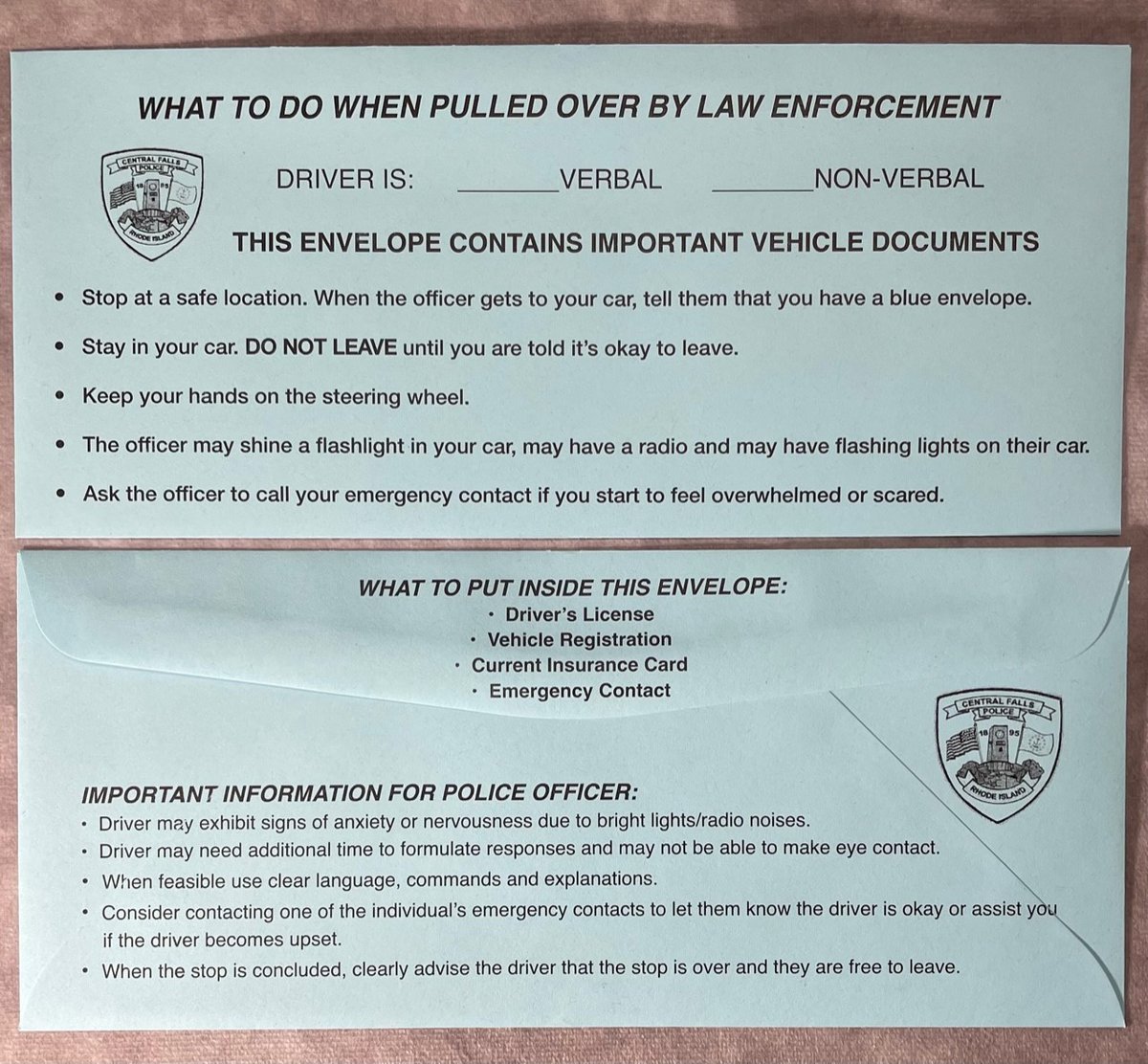CFPD is proud to be the 1st agency in RI to offer the Blue Envelope. Designed to promote inclusivity and serve as an enhanced communication awareness tool between police and community members diagnosed with a condition or disability such as autism. centralfallsri.gov/police/page/bl…