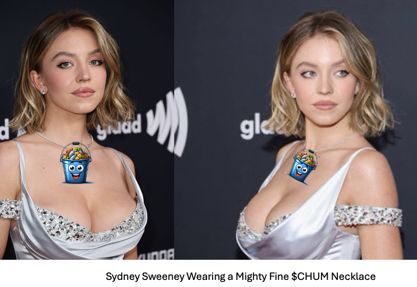 Breaking: <a href="/sydney_sweeney/">Sydney Sweeney</a> seen with new $CHUM #memecoin necklace around her smooth, soft, barnacle free neck. Soon on <a href="/base/">Base</a>.