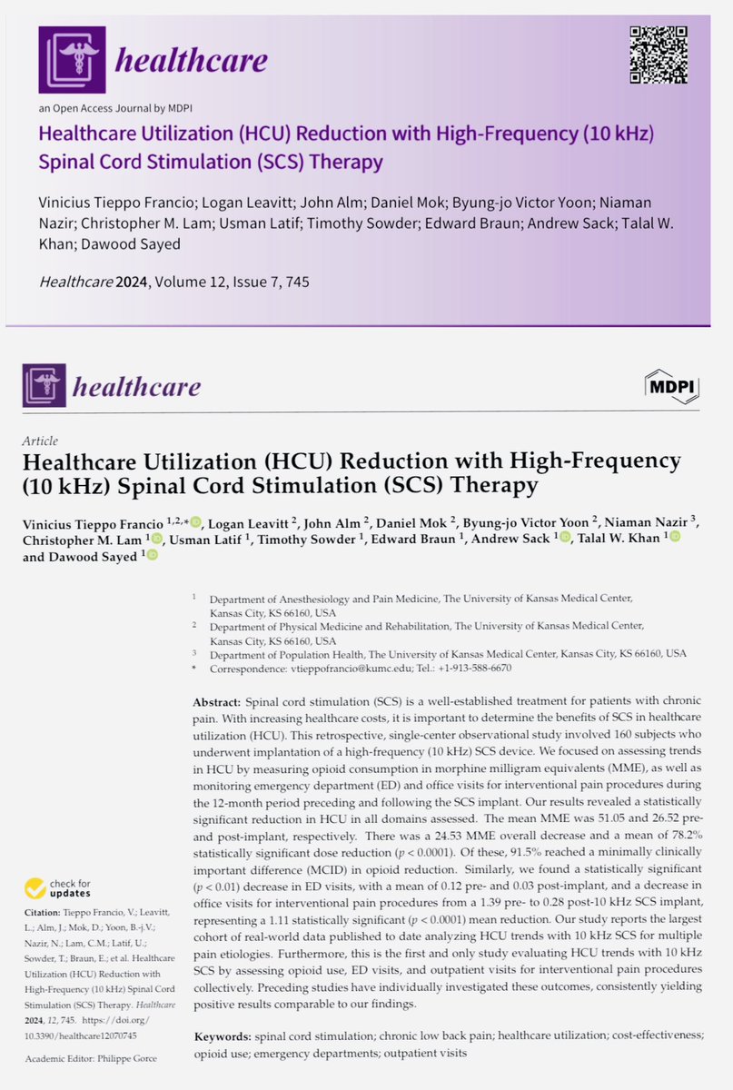 Does SCS reduces healthcare utilization? Our recent study @KU_Anesthesia and @KU_PMR revealed that 10kHz SCS provided a statistically significant reduction in healthcare utilization in opioids, ED visits and pain procedures up to 12 month follow-up! Link➡️surl.li/sbiws