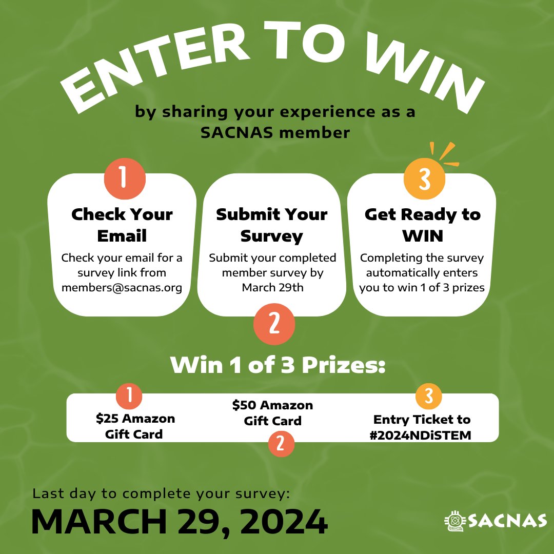 Sacnistas! March 29 is the final day to submit your member survey for a chance to win! Head over to your email to complete the 2024 Annual SACNAS Member Survey for a chance to win a gift card or waived registration to the #2024NDiSTEM in Phoenix. Good luck, friends! 🤞