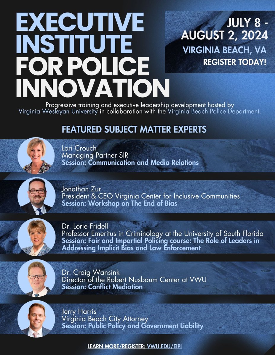 Spend your summer in #VirginiaBeach learning the skills to inspire and transform your department. This is #SummerSchool you won't regret! Visit: police.virginiabeach.gov/careers/execut… #PoliceLeadership #Police #Virginia #LawEnforcement #VirginiaLawEnforcement #PD #PoliceTraining