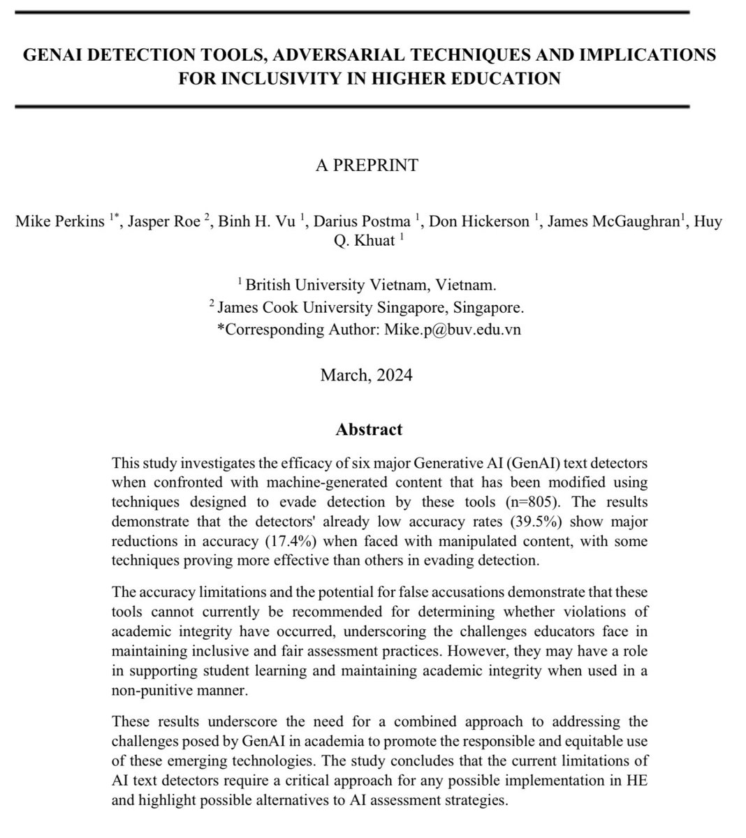 Do not use AI detectors in schools!

Accuracy of AI detectors, already low, dropped to 22% when researchers added simple changes, like purposeful spelling errors. Worse, the writing of non-native speakers are more likely to be falsely flagged as AI writing arxiv.org/ftp/arxiv/pape…
