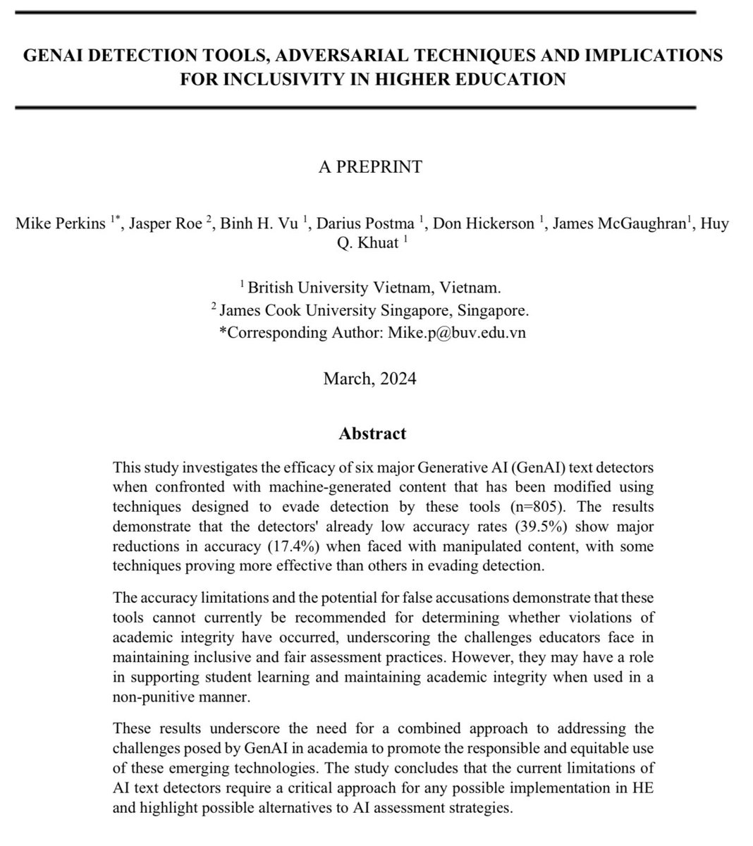 Do not use AI detectors in schools! Accuracy of AI detectors, already low, dropped to 22% when researchers added simple changes, like purposeful spelling errors. Worse, the writing of non-native speakers are more likely to be falsely flagged as AI writing arxiv.org/ftp/arxiv/pape…