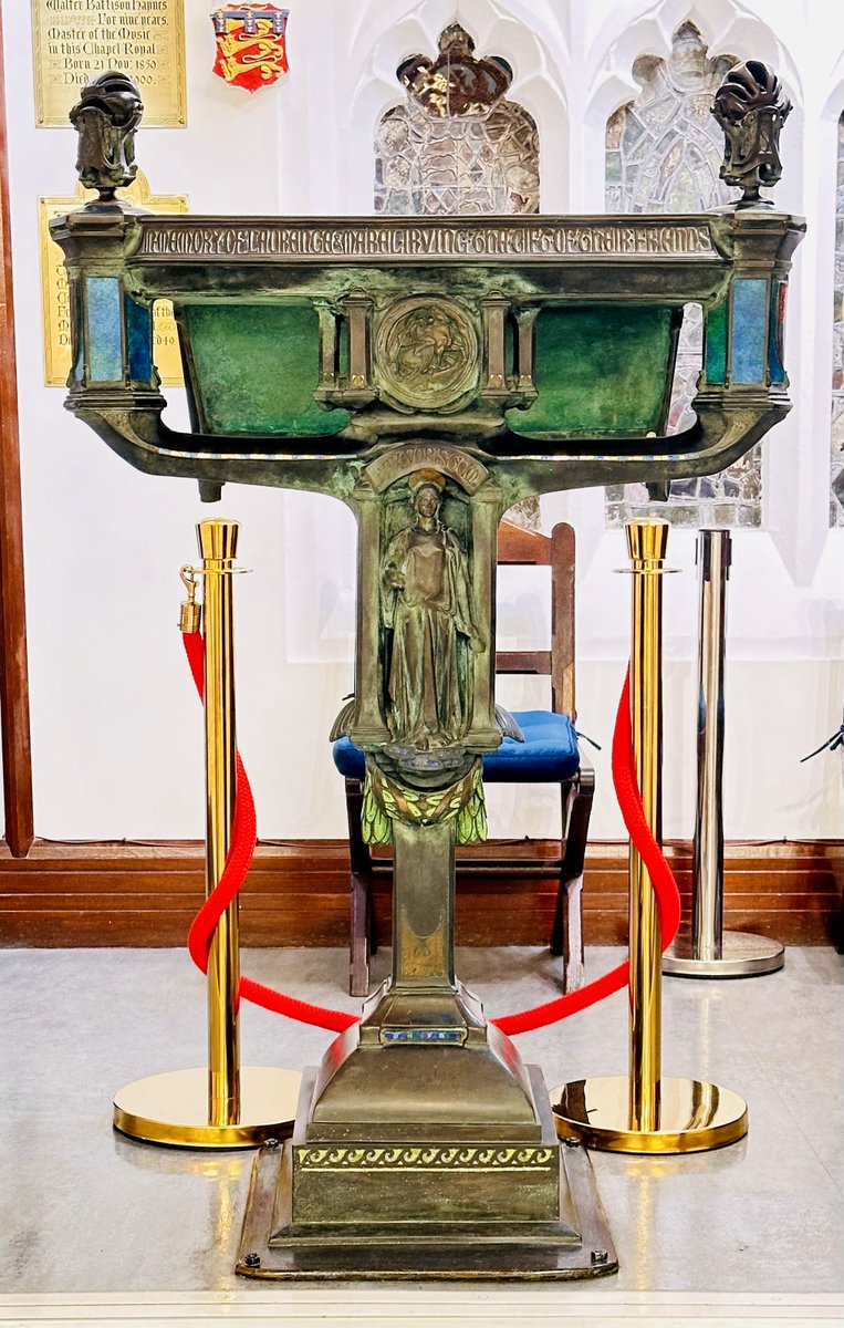 Bronze &amp; enamel lecturn by Gilbert Bayes in the Savoy Chapel, memorial to Laurence (son of Henry) Irving who drowned with 1000 others when the Empress of Ireland sank off Canada. Its captain Henry Kendall, on his prior ship, sent the radio message that led to Dr Crippen's arrest.