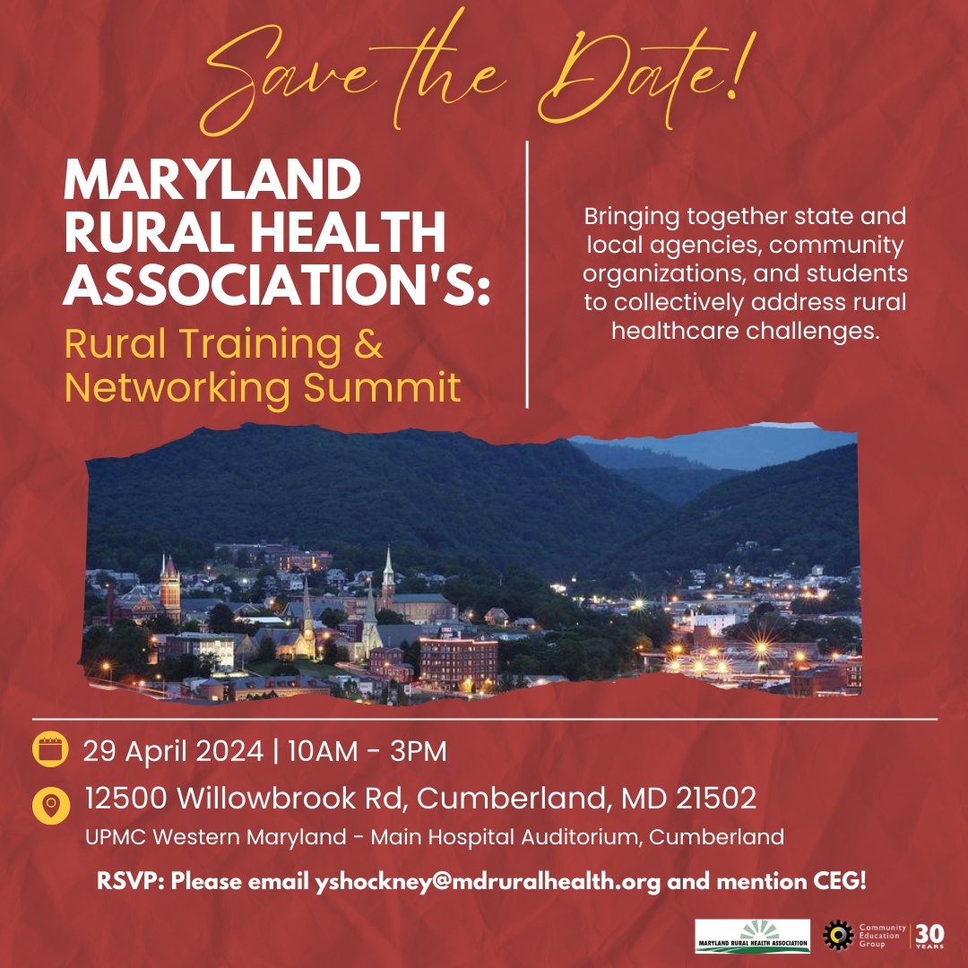 Register now for the @MDRuralHealth Rural Training and Networking Summit, which will take place on Monday, April 29, from 10AM to 3PM! We’ll be hosting a panel at 10:30AM. Join us in Cumberland, MD! Email yshockney@mdruralhealth.org and mention CEG to register! #WeAreAppalachia