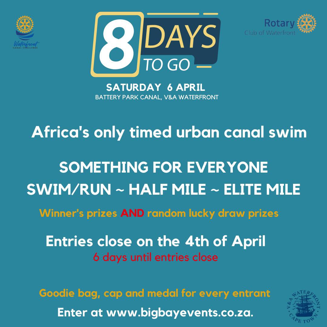 8 DAYS TO GO...Time is running out as entries close on 4 April 2024
#myVAjoy #batterypark #capetownevents #loveswimming #openwaterswimming #openswimming #swimming #vandawaterfront #capetown #Rotary #rotaryinternational #falsebay #houtbay #gordonsbay