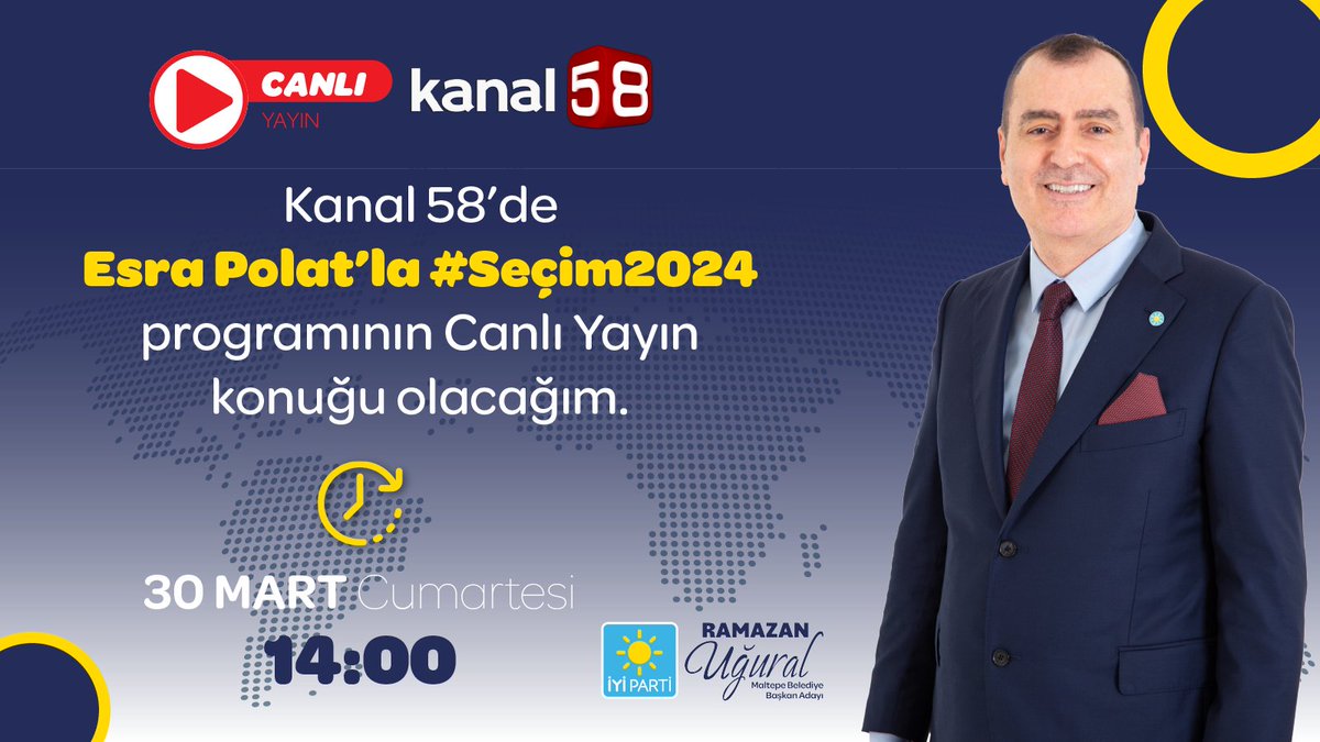 Yarın (30Mart 2024 Cumartesi) saat 14:00’te #Kanal58'de Esra Polat'ın sunduğu #Seçim2024 programına konuk olacağım. 🗓 30 Mart Cumartesi ⏰ 14.00 📺 KANAL58 ▶️DİJİTÜRK 604. KANAL ▶️TÜRKSAT 4A ▶️FREKANS:12265 ▶️SEMBOL:27500 ▶️POL:Dikey ▶️FEC:5/6 📡#CANLIYAYIN linklerimiz:…