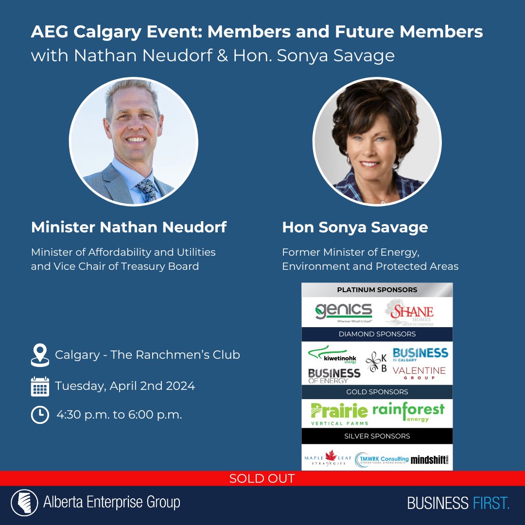 ABEnterprise's tweet photo. 🎟️ SOLD OUT! April 2nd, with @neudorf_ab @sonyasavage 
𝗦𝗽𝗼𝗻𝘀𝗼𝗿𝘀: #Genics, #KiwetinohkEnergyCorp. #ValentineGroup, @MapleLeafStrat #TMWRKConsulting @realmindshift @BusInCalgary #KimBauer #RainforestEnergy #PrairieVerticalFarms @ShaneHomeLiving @ShaneWenzel https://t.co/ii9cdPXlAf