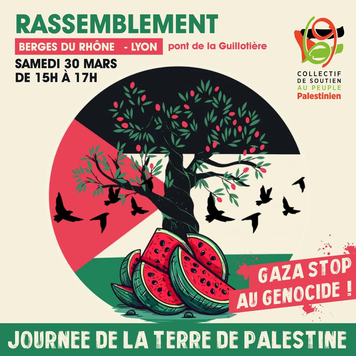 1️⃣ Pour la #JournéeDeLaTerre, nous nous mobilisons avec le collectif national pour une paix juste, les ONG, les organisations syndicales.

Demain, je serai à la commémoration de la Journée de la Terre à Lyon à 15H organisée suite à l’appel du Collectif @palestine69.