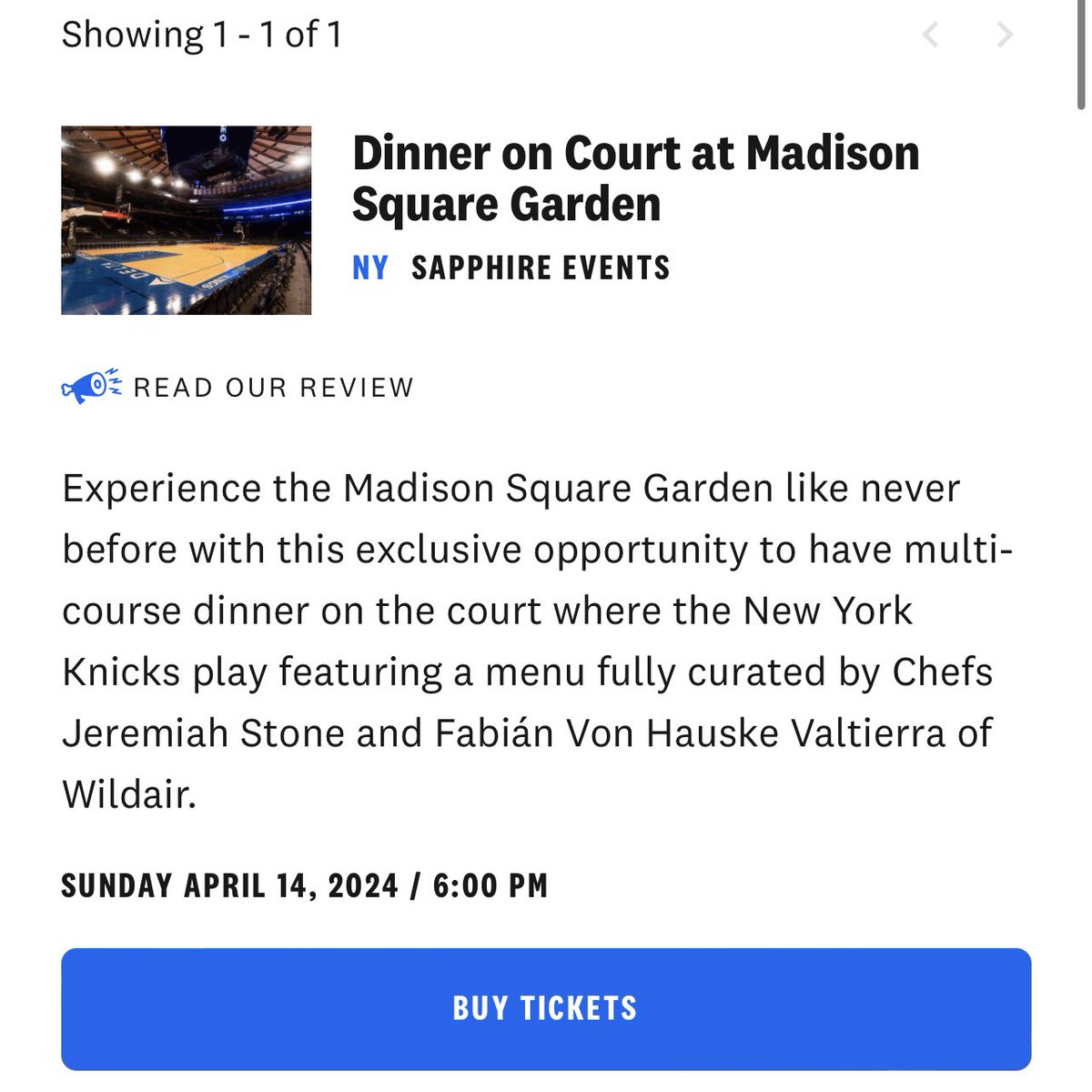 Important intel for Knicks Twitter: We @infatuation + @Chase Sapphire are hosting Dinner on The 🏀 Court @TheGarden on Sun, April 14th. @wildairnyc is cooking, going to be a 🔥 night. Tix are $250 in the Sapphire Ultimate Rewards portal. More info: theinfatuation.com/experiences
