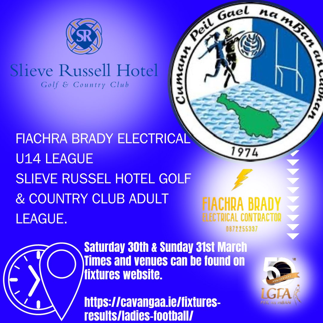Club football for weekend ahead. Fiachra Brady Electrical U14 League Slieve Russell Hotel Golf & Country Club Adukt league. Please check fixtures website for details of all games taking place this weekend. cavangaa.ie/fixtures-resul… Very best of luck to all teams involved