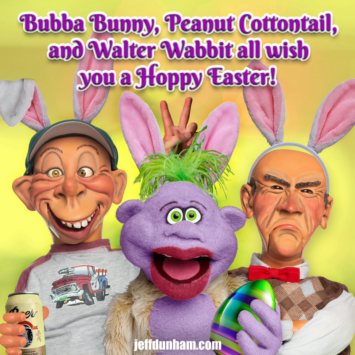 Easter is ALMOST HERE, and the bunnies… uh, guys, are bright-eyed, bushy tailed, and READY to throw some eggs! I mean HUNT… some eggs! Eat lots of candy and HOP to see you at one of our tour dates SOON! Have a happy Easter! #JeffDunham #Easter #EasterBunny #EasterEggs #Comedy