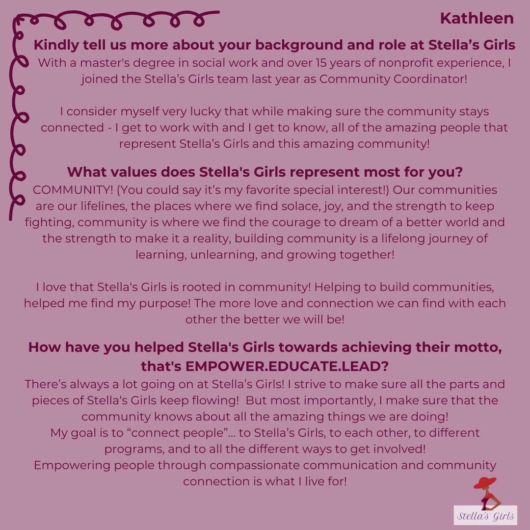 ❤️💜#MeetTheTeam #EmpowerYouth #CommunityLeaders #MentorshipMatters Meet Kathleen! 🚀✨Kathleen's passion for community shines bright! All about building connections & spreading love! Community is everything—it's where we find strength, joy, & the courage to dream!