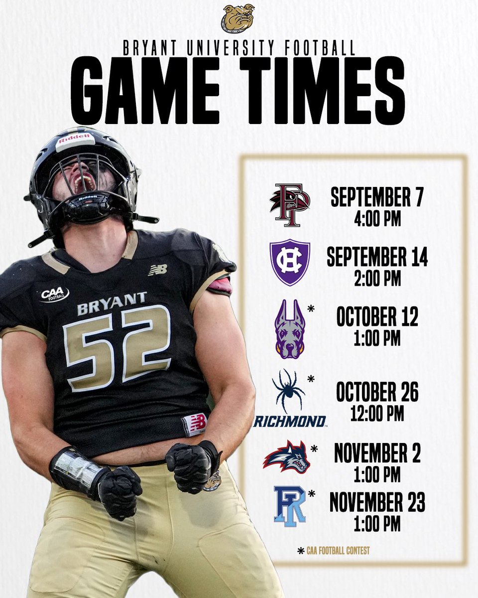 Bryant Athletics (@bryantathletics) on Twitter photo Football season is coming.
Game times for all six <a href="/BryantUFootball/">Bryant Football</a> home games have been announced! Football season is coming.
Game times for all six <a href="/BryantUFootball/">Bryant Football</a> home games have been announced!
