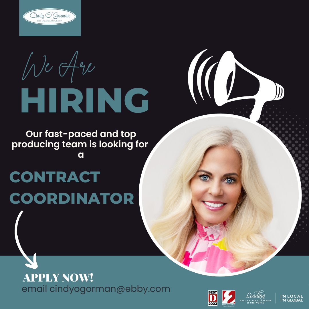 🚨WE'RE HIRING! Seeking a LICENSED & organized individual to join our award-winning real estate team as a Contract Coordinator. Send us your resume at cindyogorman@ebby.com Apply on Indeed! 👇 indeed.com/job/contract-c… #realestate #jobalert #wearehiring #hiring