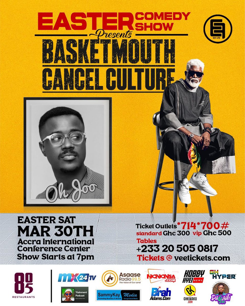 asaaseradio995's tweet photo. #AD: 🐰🎤 Don't miss the Easter comedy "@basket_mouth Cancel Culture" at Accra Int'l Conference Centre on March 30th, 2024, 7 PM! 🎭 Prepare for laughs & unforgettable moments. 🎉 For tickets: 📞 0205050817, *714*700#, or https://t.co/SbW8DVnUJO. 🎟️ #EasterComedy #BasketMouth https://t.co/iQbkf29OGC