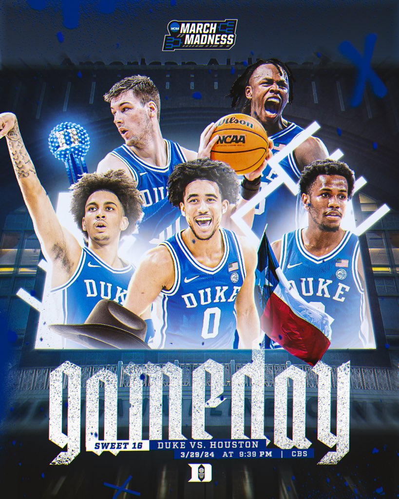 SWEET 16‼️🕺😈

🆚 Houston  
⏰ 9:39 PM ET 
🏟️ American Airlines Center 
📺 CBS
🔗 linktr.ee/dukembb

#HereComesDuke 🔵😈