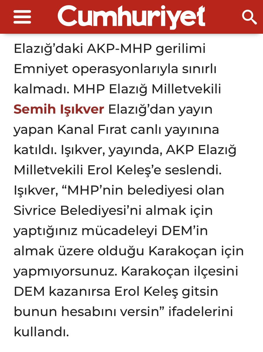 Mhp Elazığ milletvekili Semih Işıkver: Karakoçan ilçesini DEM kazanırsa Ak Parti Milletvekili Erol Keleş gitsin bunun hesabını versin” demiş Haklı bir açıklama

Erol Keleş bunun hesabını verebilecekmi?