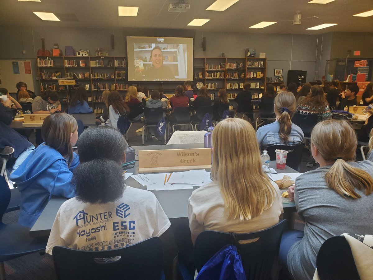 WCreekLibrary's tweet image. At the #spsbob competition yesterday, students were able to virtually meet @DustiBowling! She talked about writing her book, Across the Desert. It was fascinating to hear her speak about the writing process. @WilsonsCreekInt @officialSPS