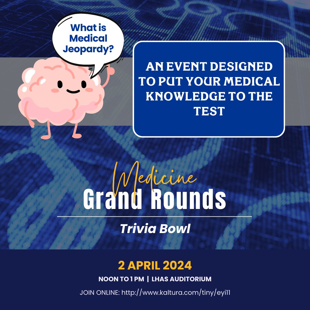 🗓️ Join us at noon on Tuesday, 04.02.24, for the next DOM Grand Rounds!

Tuesday's MGR will feature a special Medical Jeopardy event. So come join the friendly competition and show off your medical knowledge.🧠

For the link, visit dom.pitt.edu/grandrounds/.