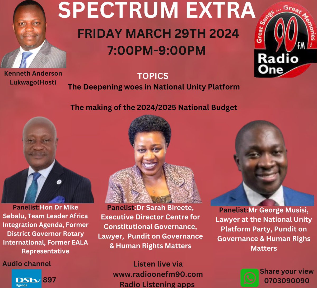 #SPECTRUMEXTRA with @SarahBireete of @ccgea1 @GeorgeMusisi4 from @NUP_Ug & @mikesebaluken from @NRMOnline @JosephinNdagano @rs1elvis @CharityKalebbo @PerryAritua @Kygsph @CSBAGUGANDA