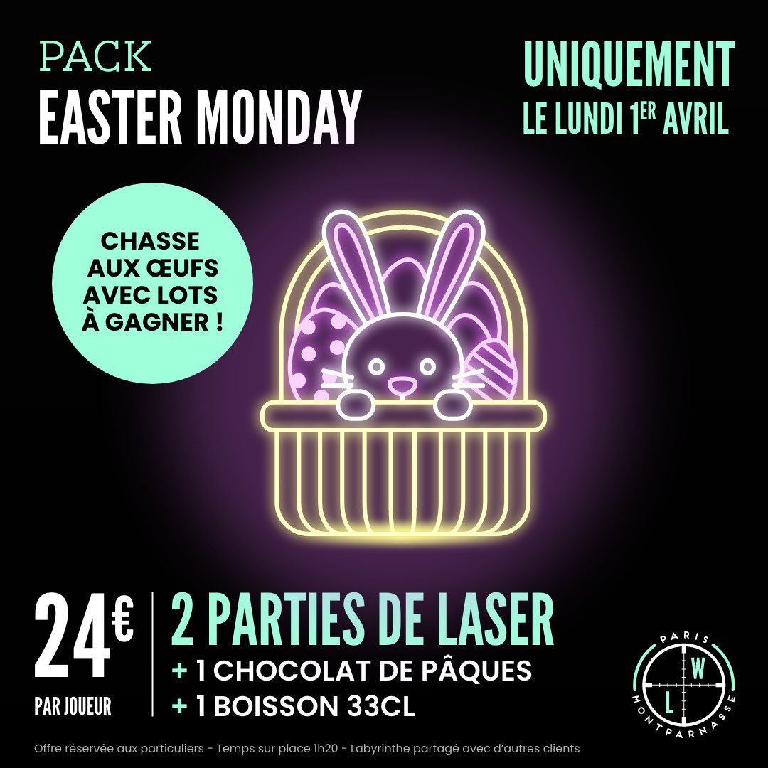 LaserWorldParis's tweet photo. Venez chasser des œufs de Pâques chez Laser World avec le Pack Easter Monday !🐰🌸

Le pack comprend:
🔫 2 Parties de Laser Game avec pause
🥤 1 Boisson
🍭 1 chocolat

À partir de 22€, en fonction de nos centres ! 🥰

Valable uniquement ce lundi 1/04 !

#Pâques #ChasseAuxOeufs https://t.co/qaYoIXUkVB