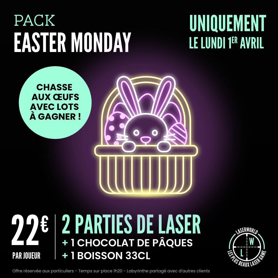 LaserWorldParis's tweet photo. Venez chasser des œufs de Pâques chez Laser World avec le Pack Easter Monday !🐰🌸

Le pack comprend:
🔫 2 Parties de Laser Game avec pause
🥤 1 Boisson
🍭 1 chocolat

À partir de 22€, en fonction de nos centres ! 🥰

Valable uniquement ce lundi 1/04 !

#Pâques #ChasseAuxOeufs https://t.co/qaYoIXUkVB