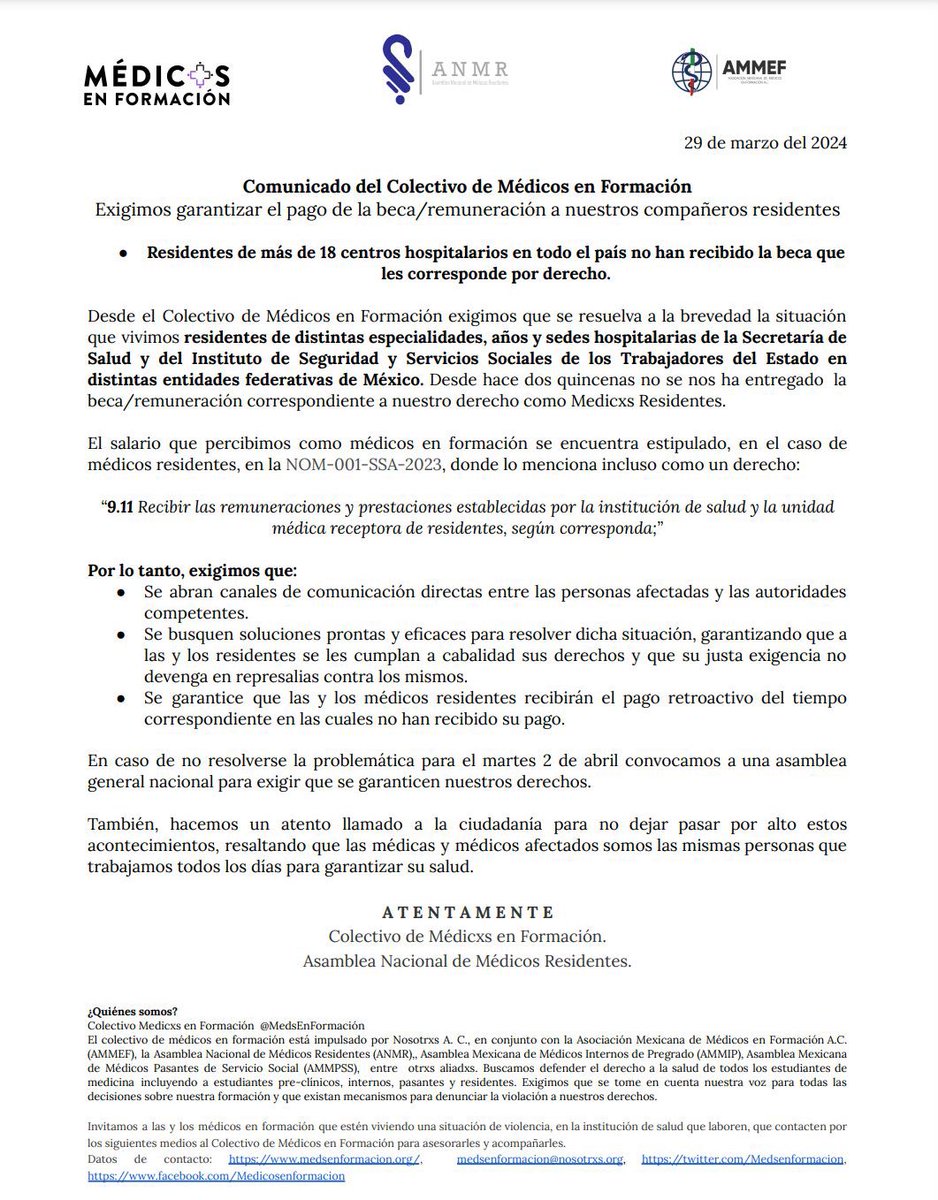Comunicado: ¡Exigimos garantizar el pago de beca a nuestros compañeros residentes de más de 18 centros hospitalarios en todo el país!